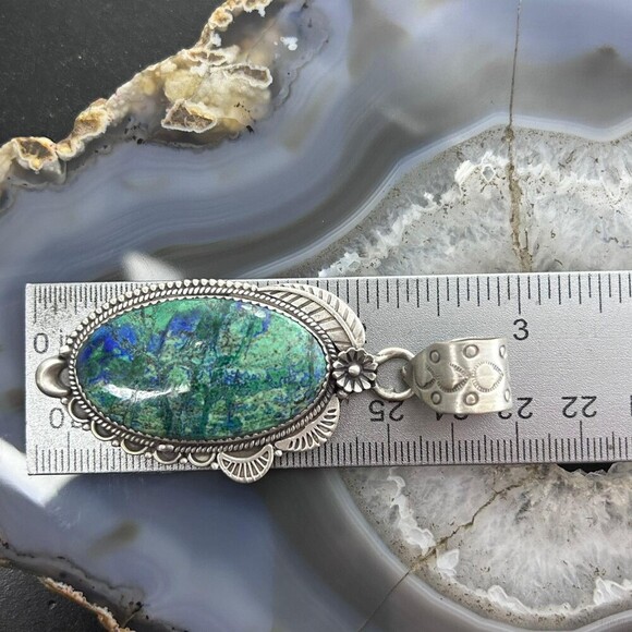 Sterling Southwestern Style Elongated Chrysocolla Decorated Pendant For Women - Picture 3 of 10